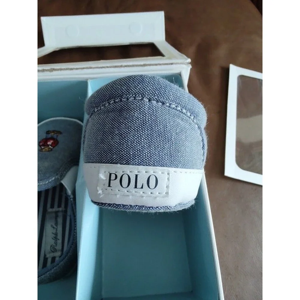 New in box Infant Baby Ralph Lauren Denim Carlee Bear Shoes US Sz 4 Length 13 cm